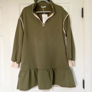 NWT Women’s Olive Green Ruffle-Hem Dress with Contrast Trim and Quarter Zip S